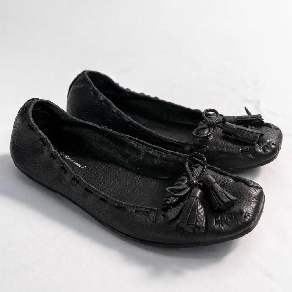 Eddie Bauer Black Pebbled Leather Tassel Moccasin Ballet Whipstitch Flat Size 11